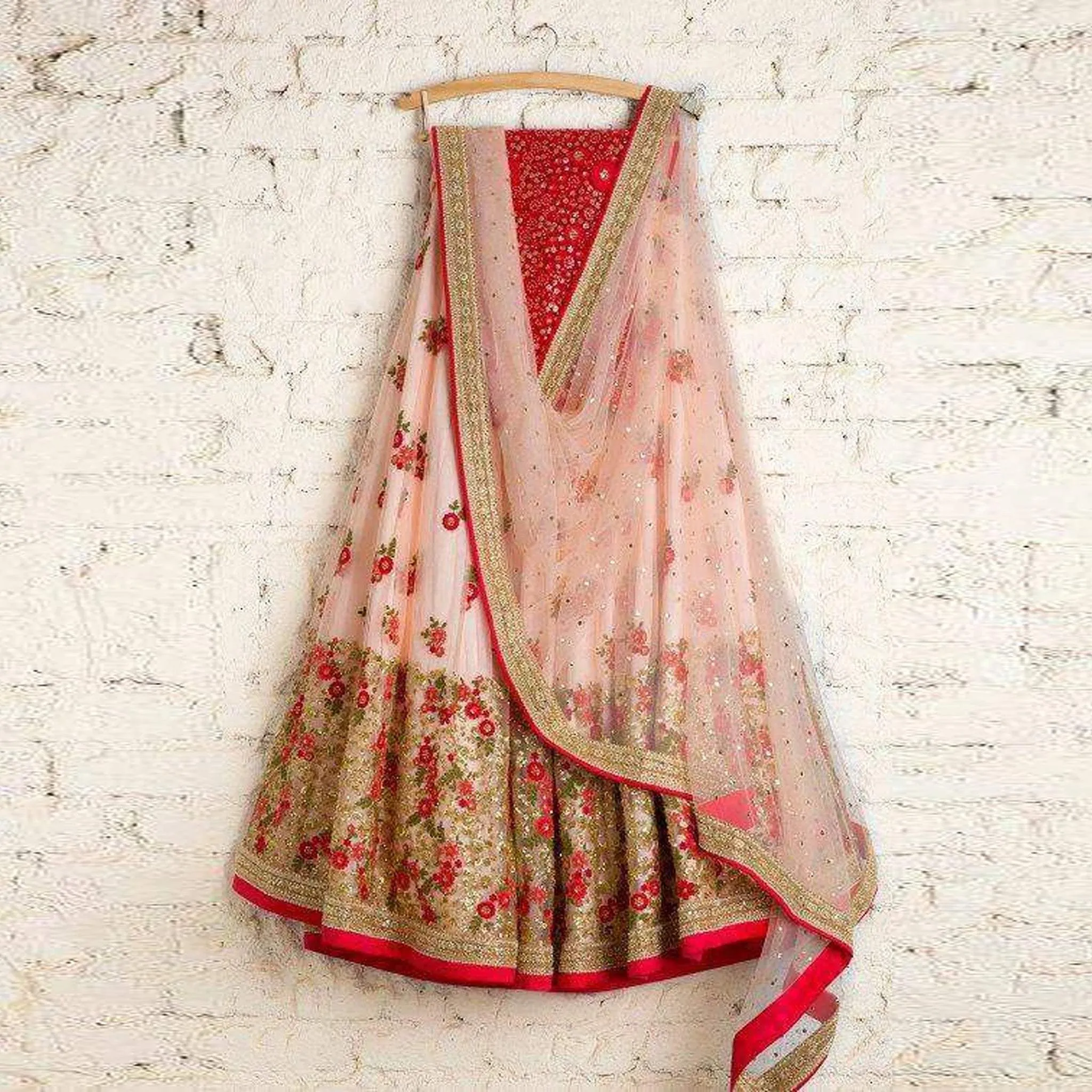 Pale red heavy butterfly net sequence embroidered lehenga choli