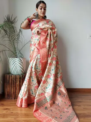 Pale Saree with Floral Print Paithani Silk