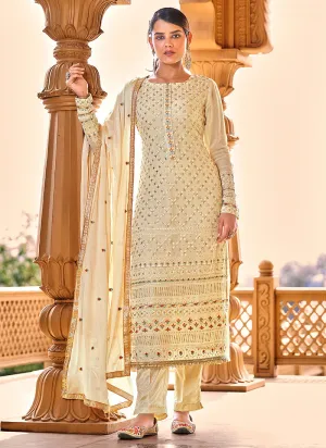 Pale Yellow Embroidered Georgette Pant Style Suit