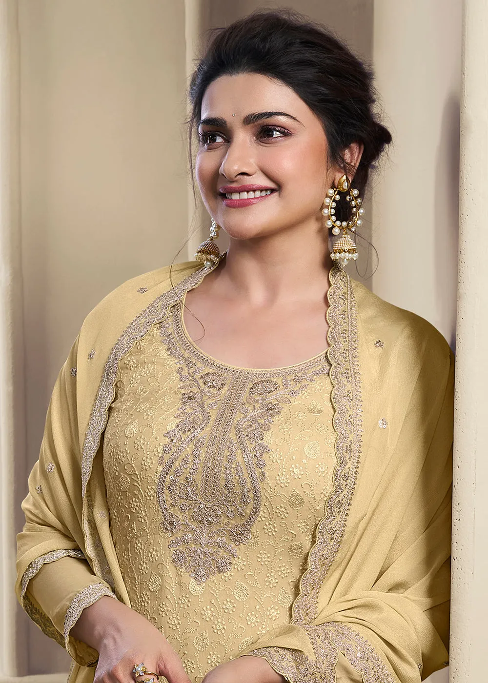 Pale Yellow Schiffli Embroidered Organza Salwar Suit