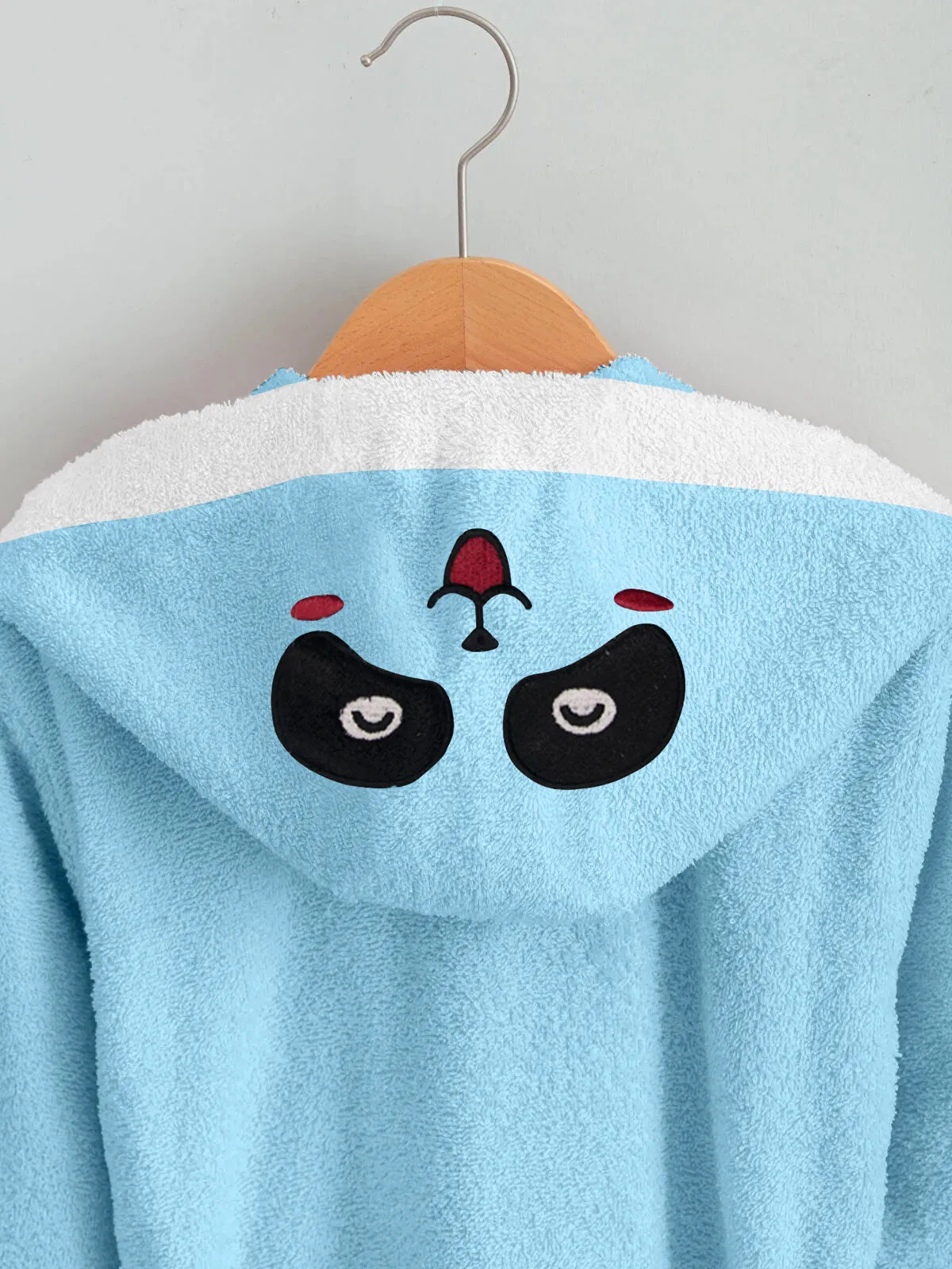 Panda Embroidered Kids Bathrobe with Hood and Tie Up Belt - Aqua