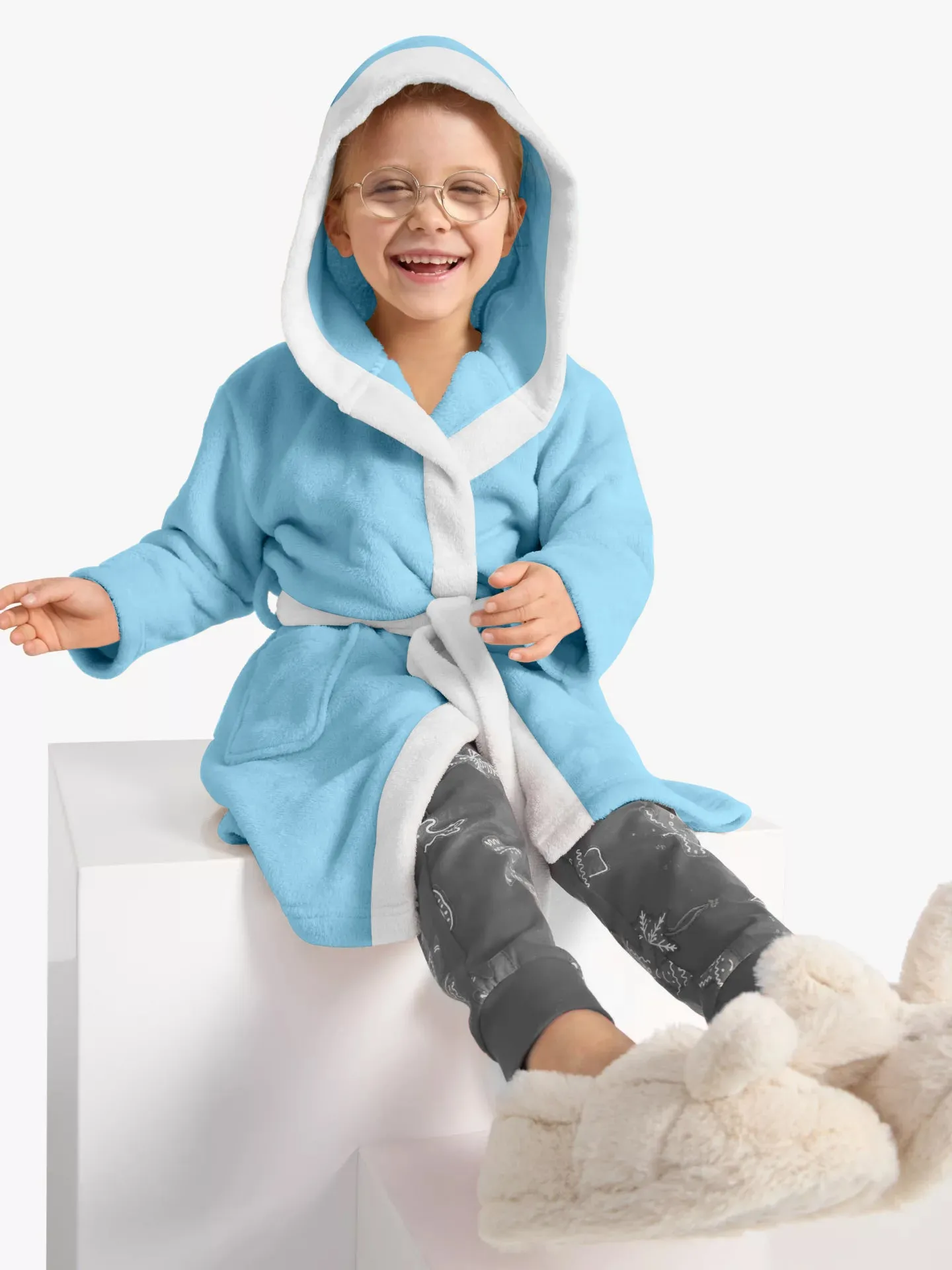 Panda Embroidered Kids Bathrobe with Hood and Tie Up Belt - Aqua