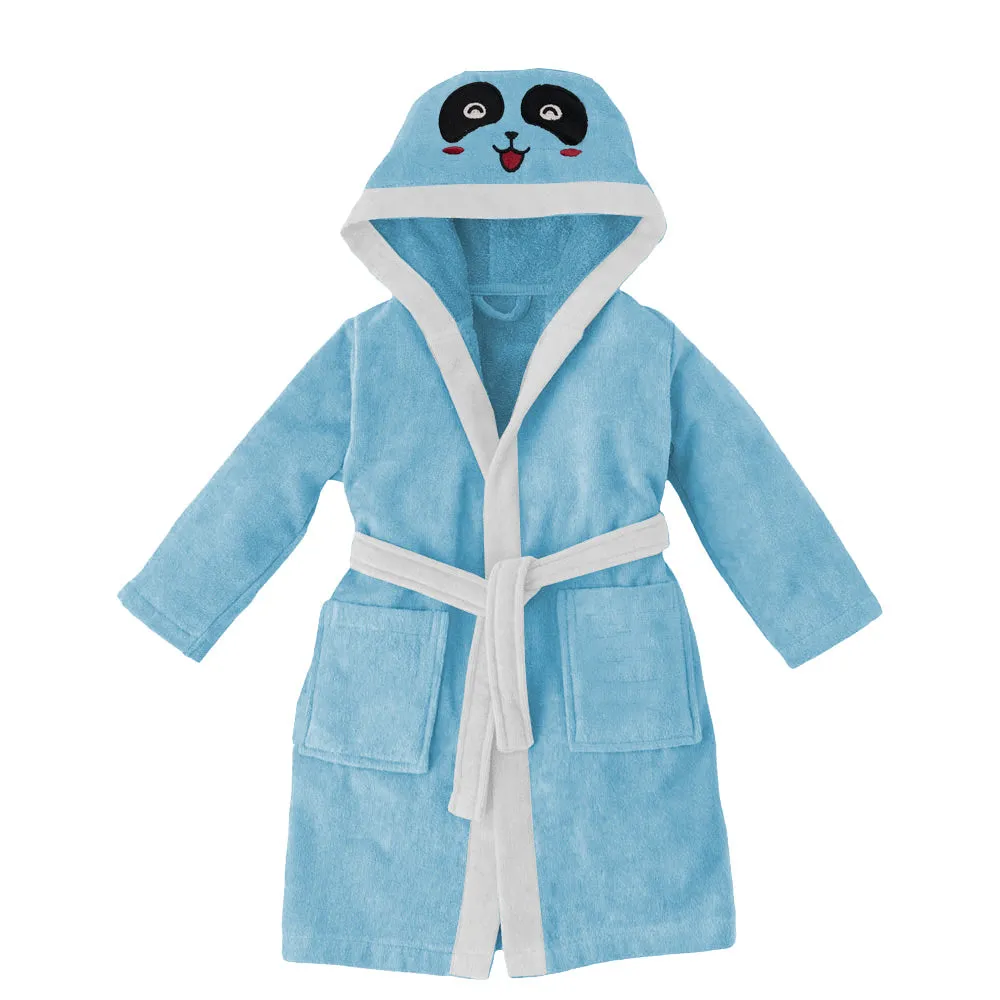 Panda Embroidered Kids Bathrobe with Hood and Tie Up Belt - Aqua