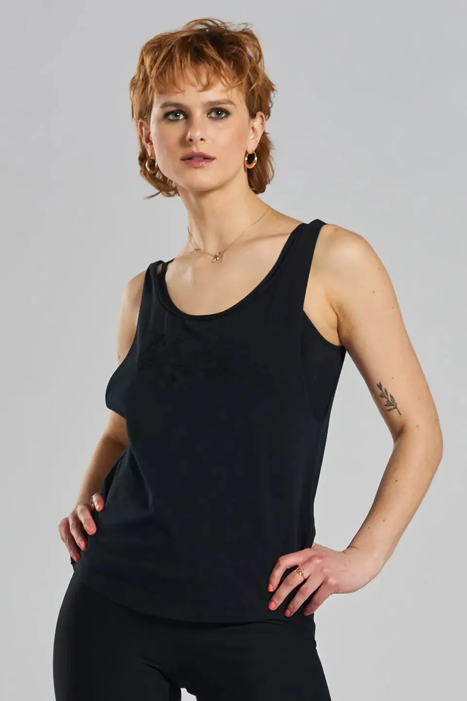 Pandorea Embroidered Ethical-Cotton Twist-Back Vest - Volcanic Black