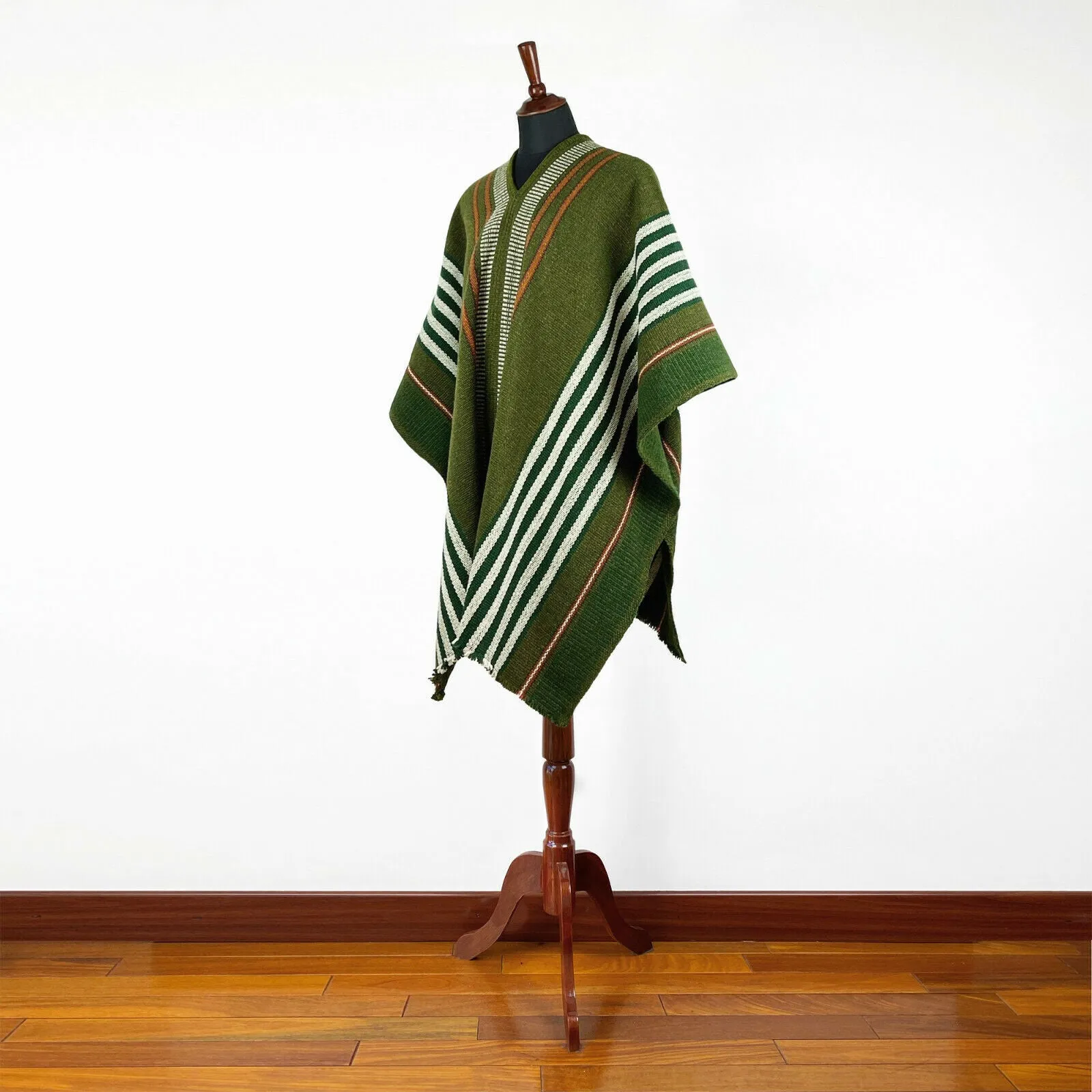 Pangui - Llama Wool Unisex South American Handwoven Thick Serape Poncho - striped - olive green