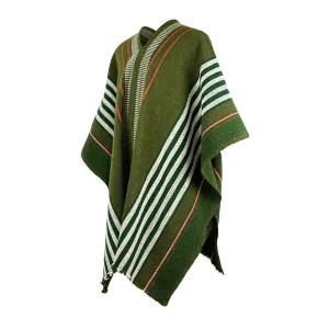 Pangui - Llama Wool Unisex South American Handwoven Thick Serape Poncho - striped - olive green