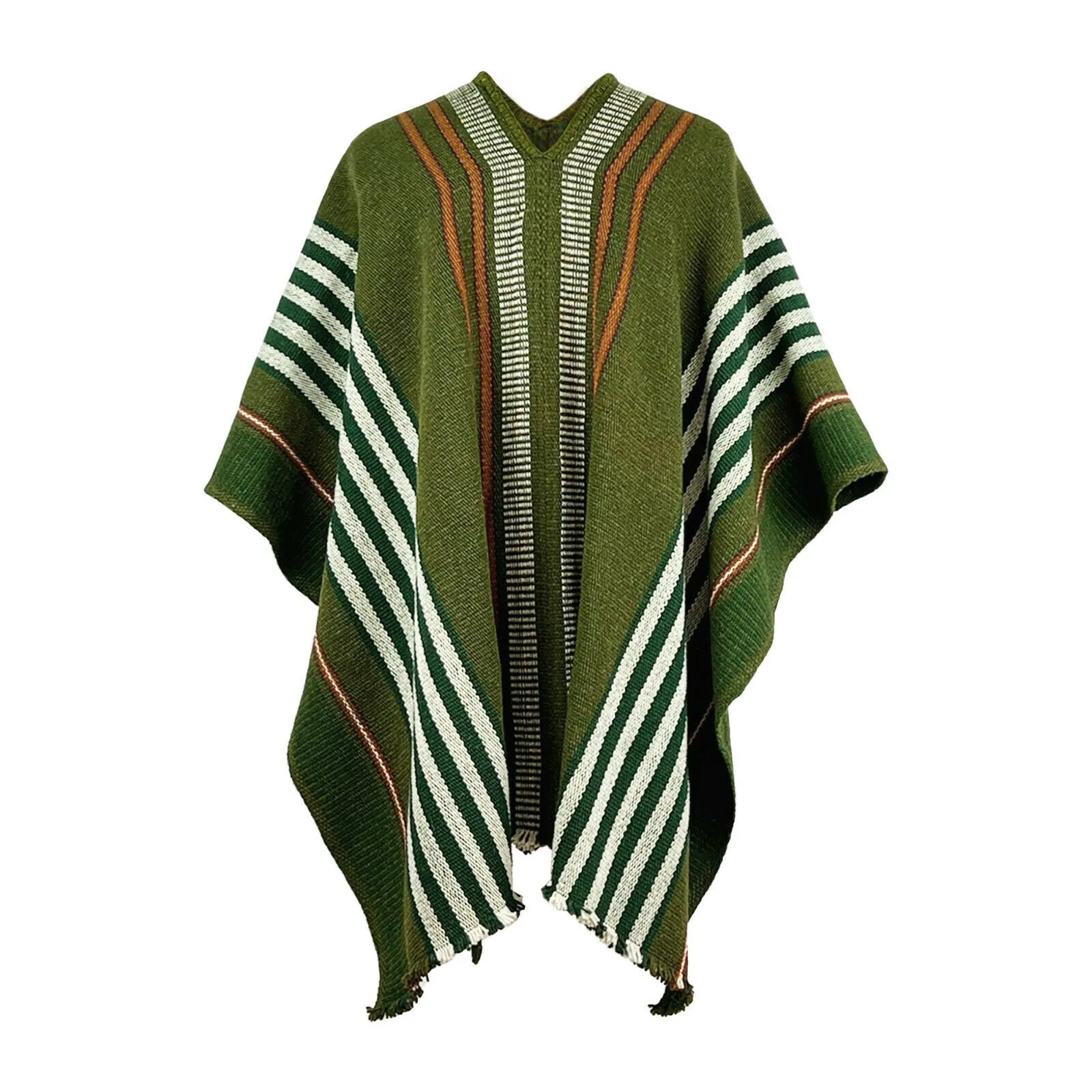 Pangui - Llama Wool Unisex South American Handwoven Thick Serape Poncho - striped - olive green