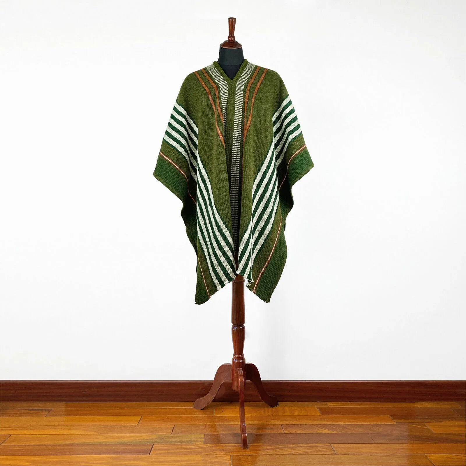 Pangui - Llama Wool Unisex South American Handwoven Thick Serape Poncho - striped - olive green