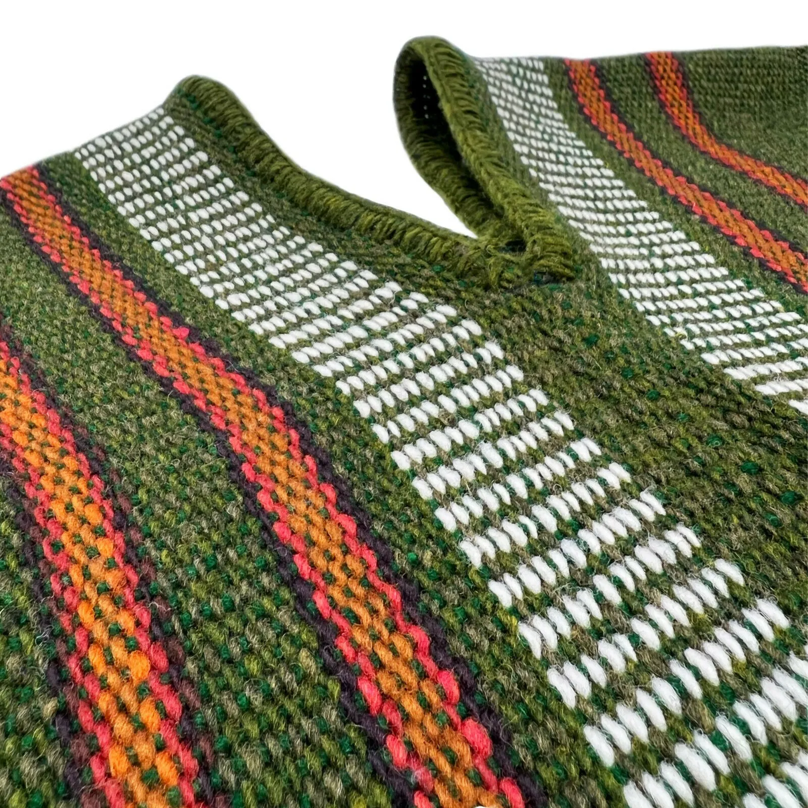 Pangui - Llama Wool Unisex South American Handwoven Thick Serape Poncho - striped - olive green