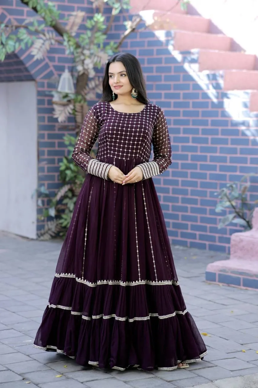 Parallel Line Design Wine Color Latest Gown