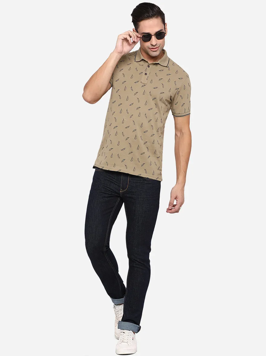 Parchment Grey Printed Slim Fit Polo T-Shirt | JadeBlue