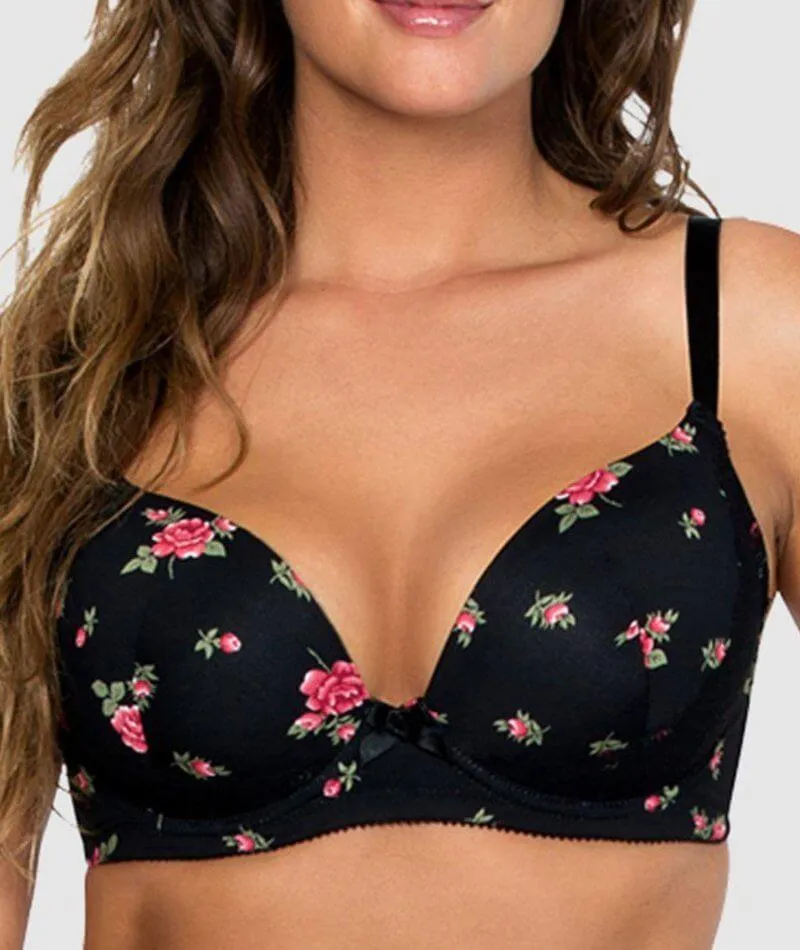 Parfait Casey Contour Plunge Bra - Black with Rose Print