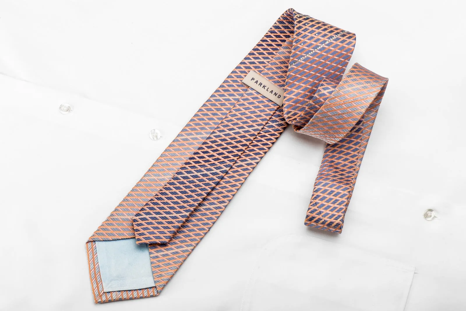 Park Land Men's Crystal Silk Tie Orange Stripes On Blue With Silver Sparkles