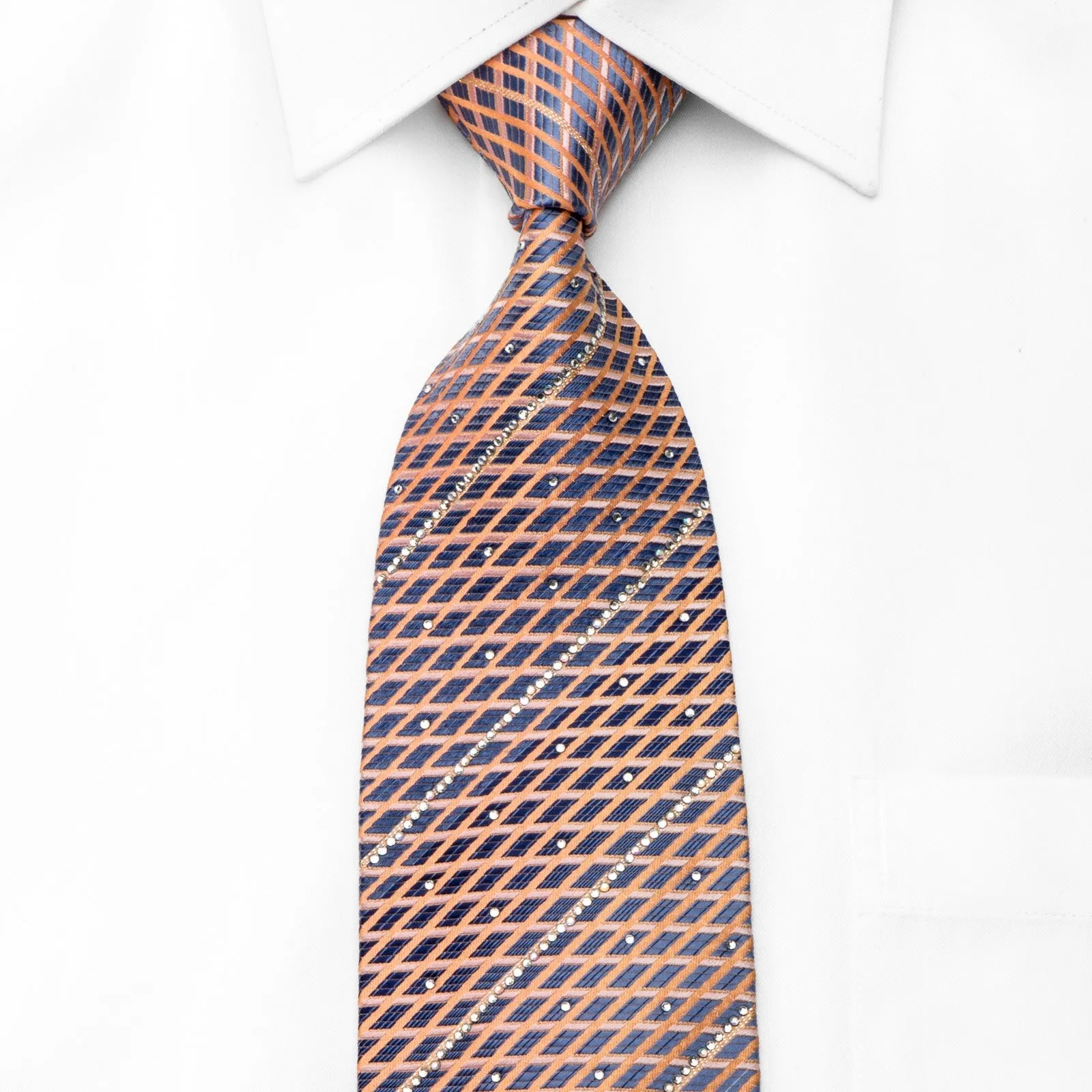 Park Land Men's Crystal Silk Tie Orange Stripes On Blue With Silver Sparkles