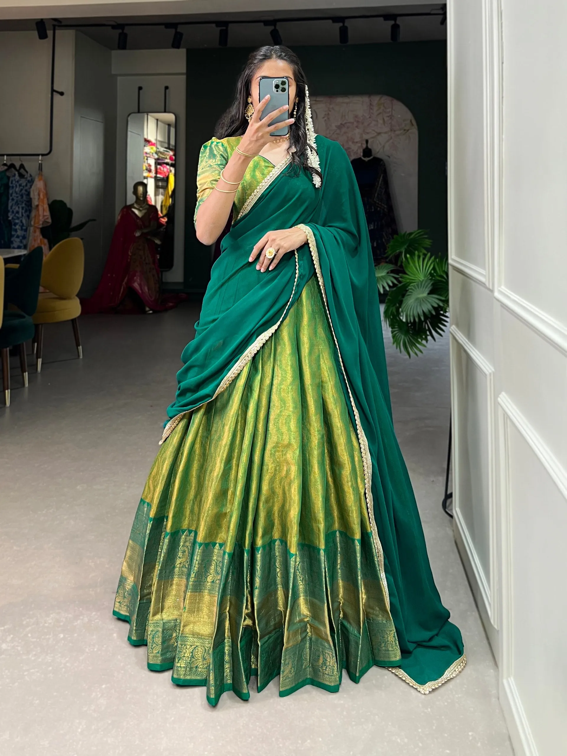 Parrot Green Kanjivaram Lehenga Choli with Graceful Georgette Dupatta