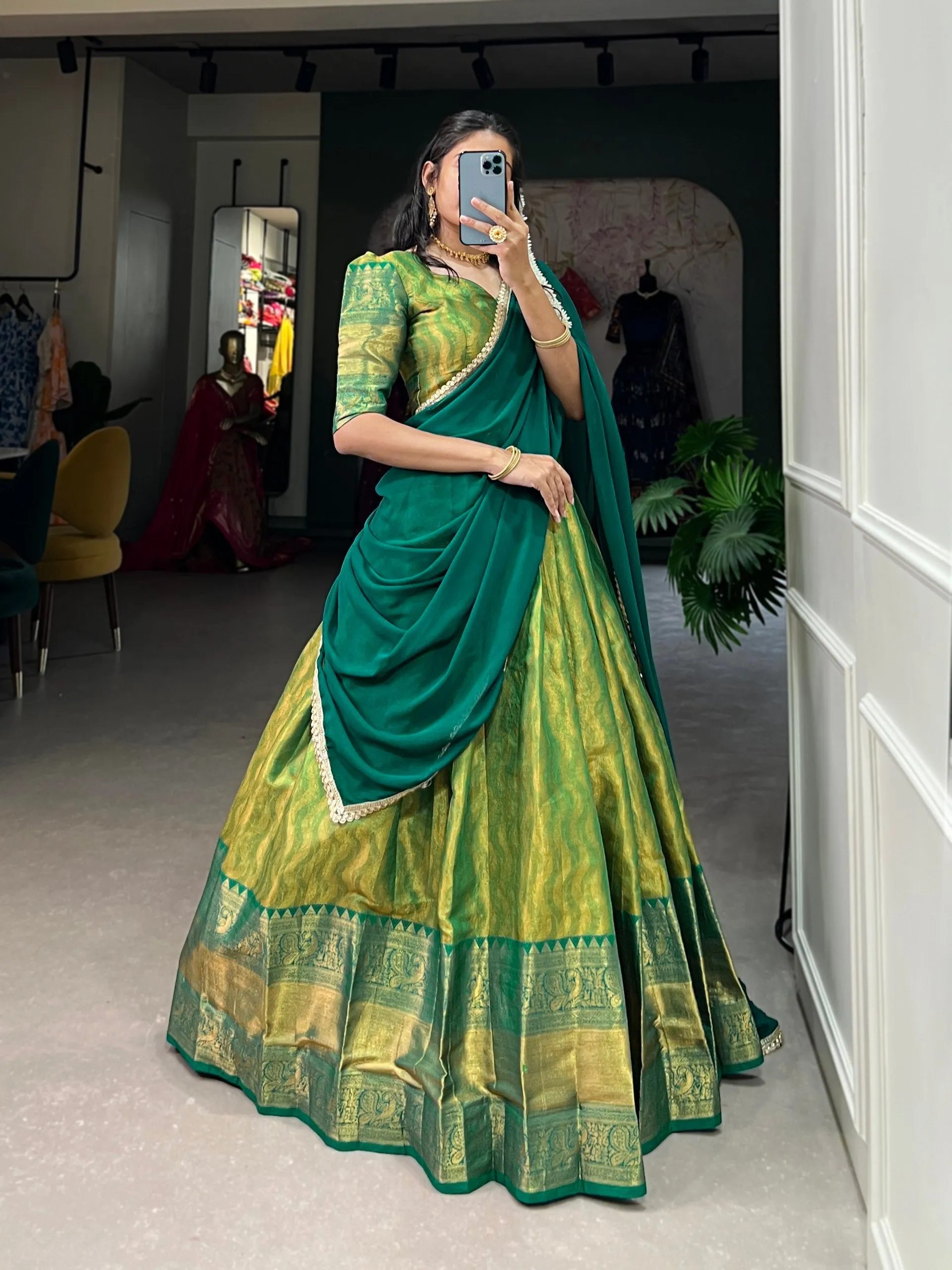 Parrot Green Kanjivaram Lehenga Choli with Graceful Georgette Dupatta