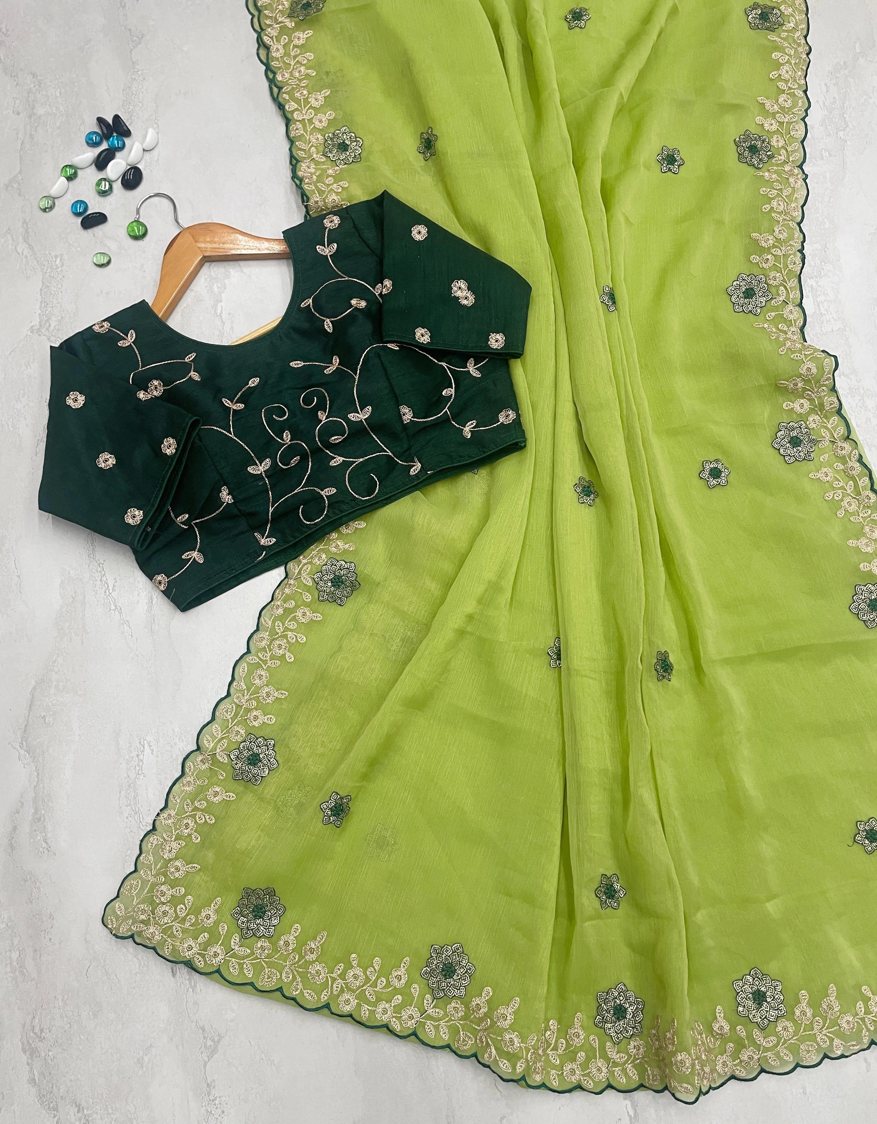 Parrot Green Kasoli Silk Saree with Beautiful Embroidery and Contrast Thread Work