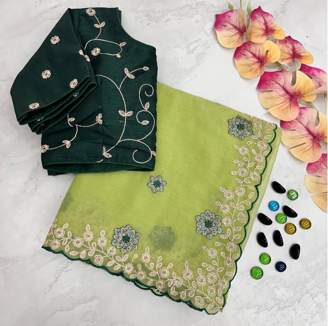 Parrot Green Kasoli Silk Saree with Beautiful Embroidery and Contrast Thread Work