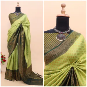 Parrot Green Kuber Soft Silk Saree with Exquisite Golden Jari Work & Matching Blouse