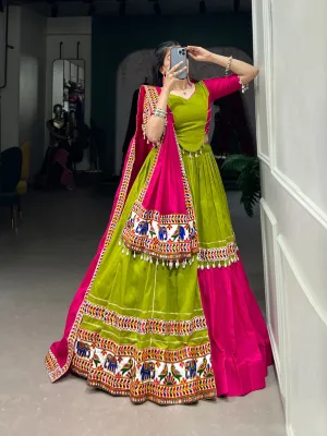 Parrot Green Navratri Lehenga Set with Gamthi Work and Cowrie Lace