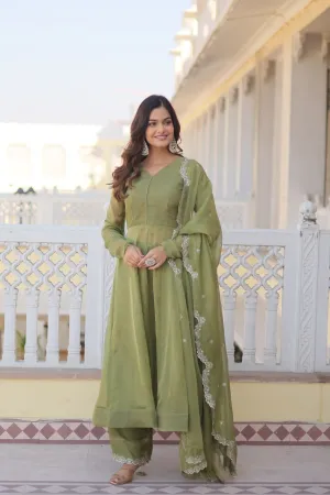 Parrot Green Premium Readymade Russian Silk Kurti Pant Dupatta Set - Graceful & Elegant