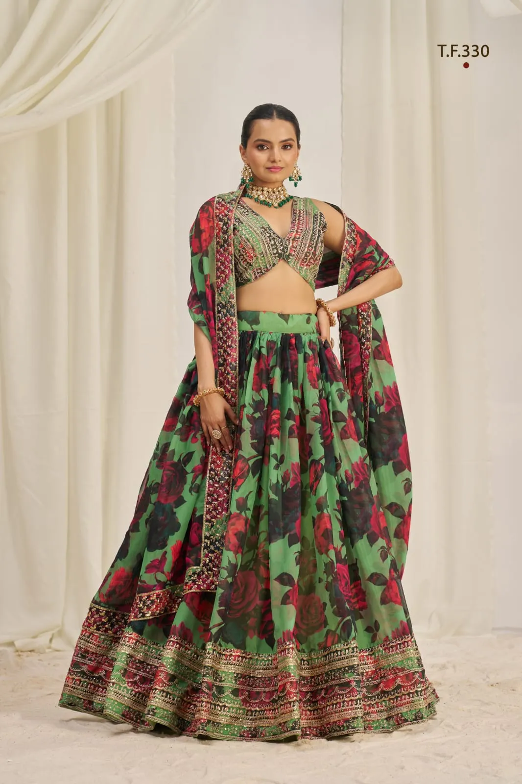 Parrot Green Printed Organza Semi-Stitch Lehenga Choli with Zari, Dori, and Sequins Work