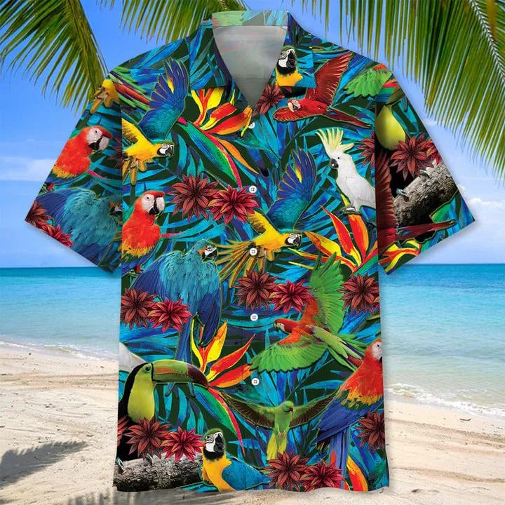 Parrot Tropical Hawaiian Shirt, Men's Unisex Summer Beach Casual Short Sleeve Summer Vacation Beach Shirts