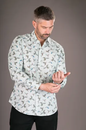 Parrots Blue Print Cotton Slim Fit Mens Shirt Long Sleeve