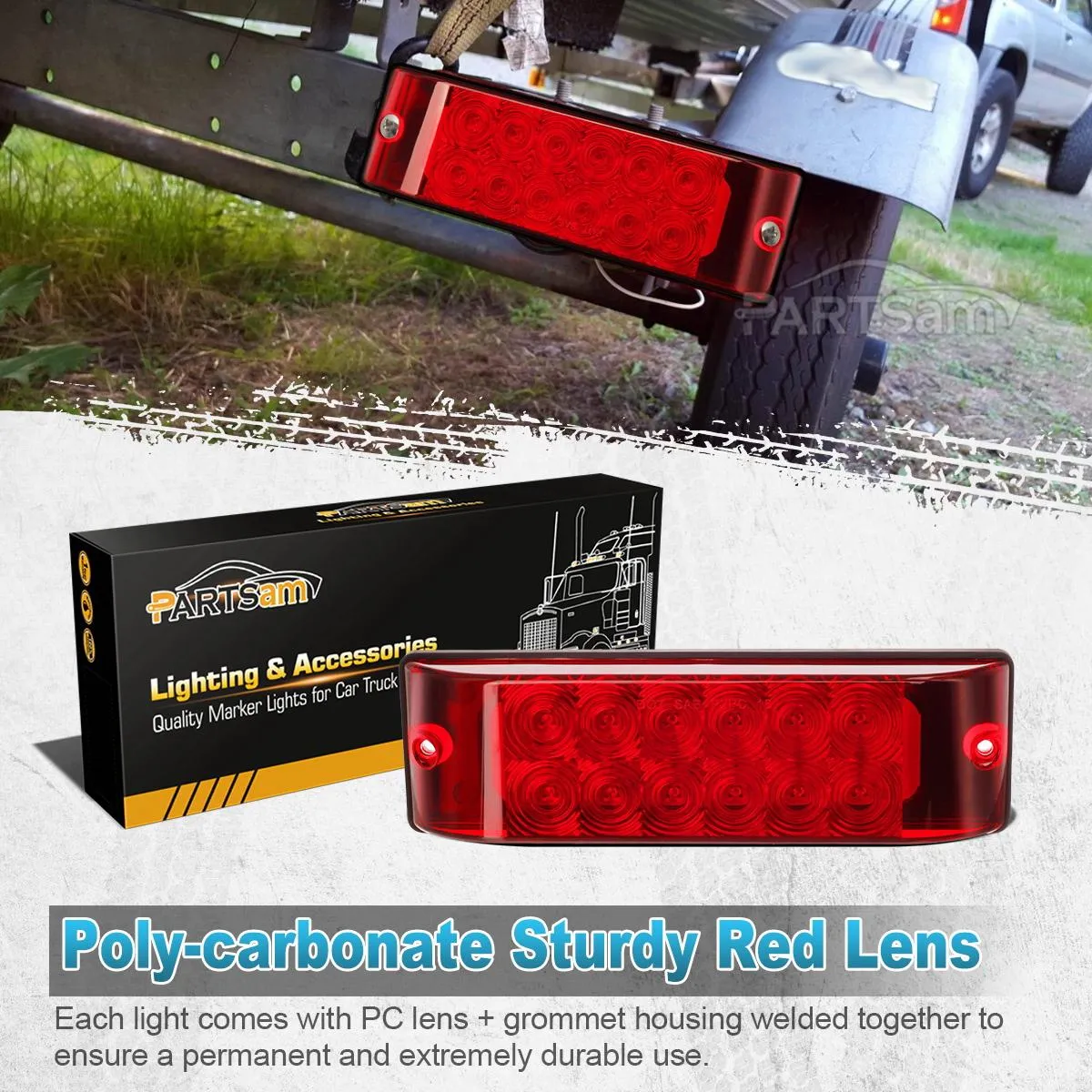 Partsam 2PCS Red 12LED Truck Trailer Stop Turn Tail Brake Lights 8inchx2.5inch Surface Mount 2 Function