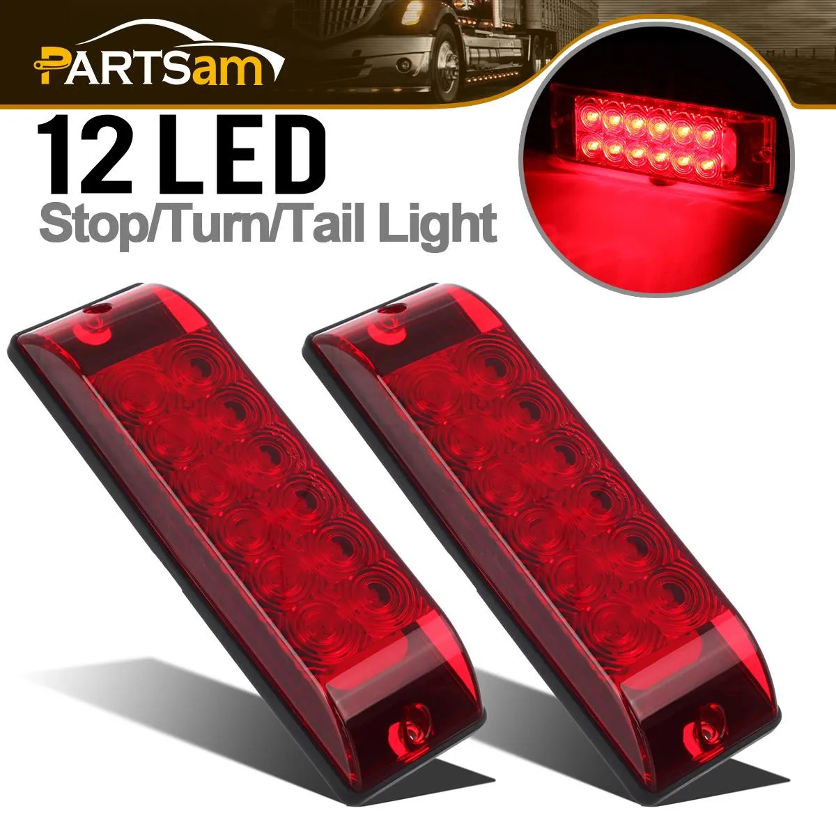 Partsam 2PCS Red 12LED Truck Trailer Stop Turn Tail Brake Lights 8inchx2.5inch Surface Mount 2 Function