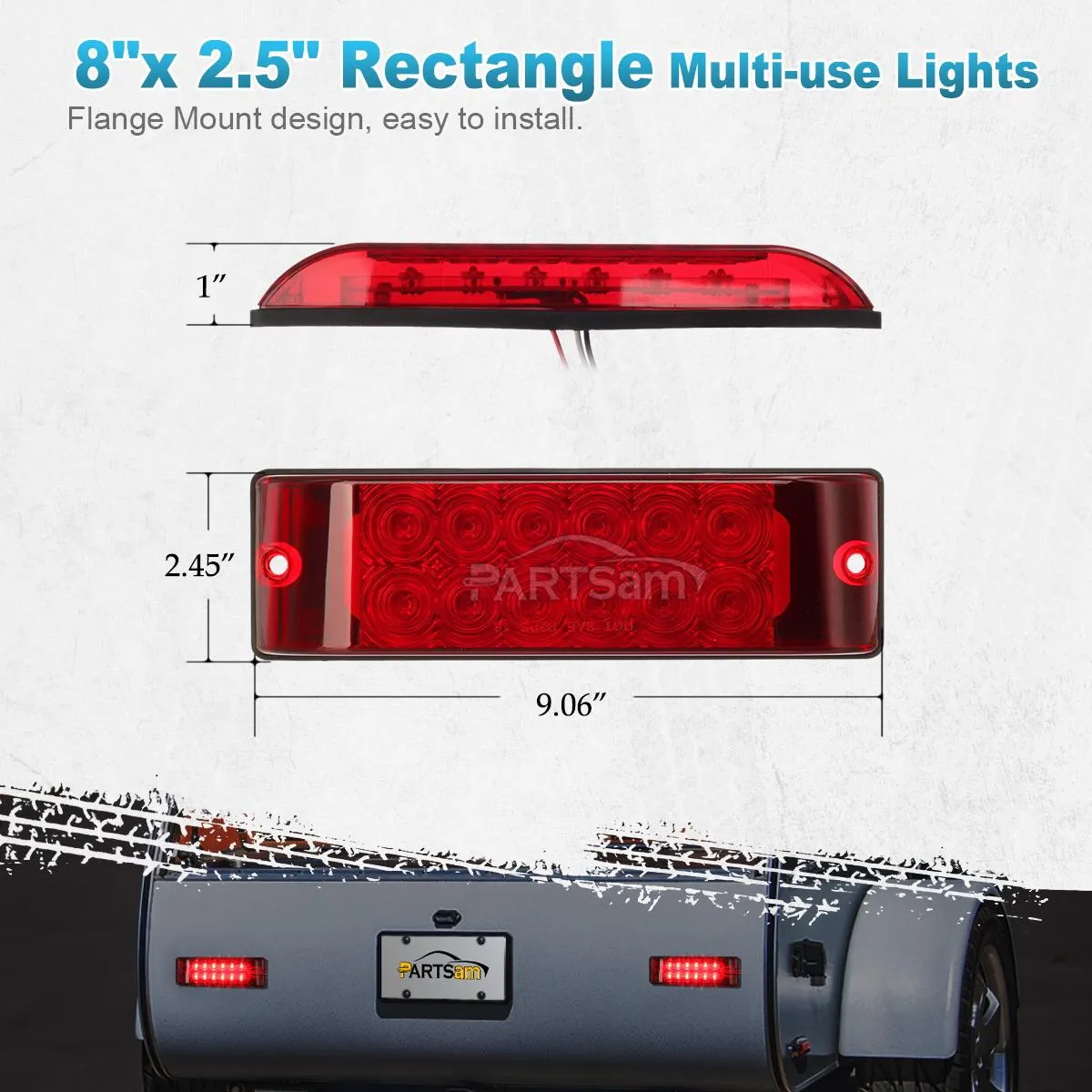 Partsam 2PCS Red 12LED Truck Trailer Stop Turn Tail Brake Lights 8inchx2.5inch Surface Mount 2 Function