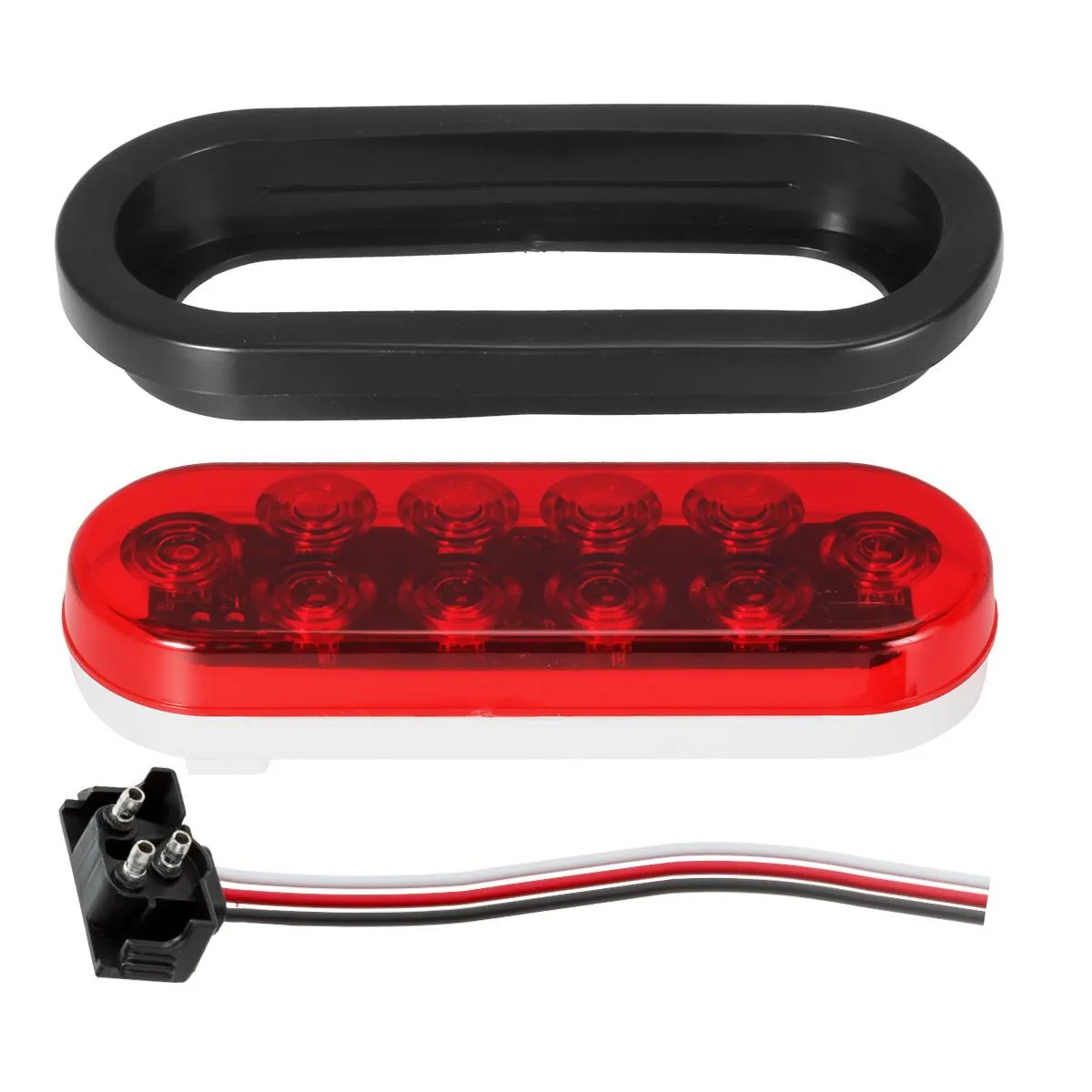 Partsam (4) Trailer Truck LED Sealed RED 6inch Oval Stop/Turn/Tail Lights Flush Mount Waterproof Including 3-pin water tight plug with wires and Grommets Sealed