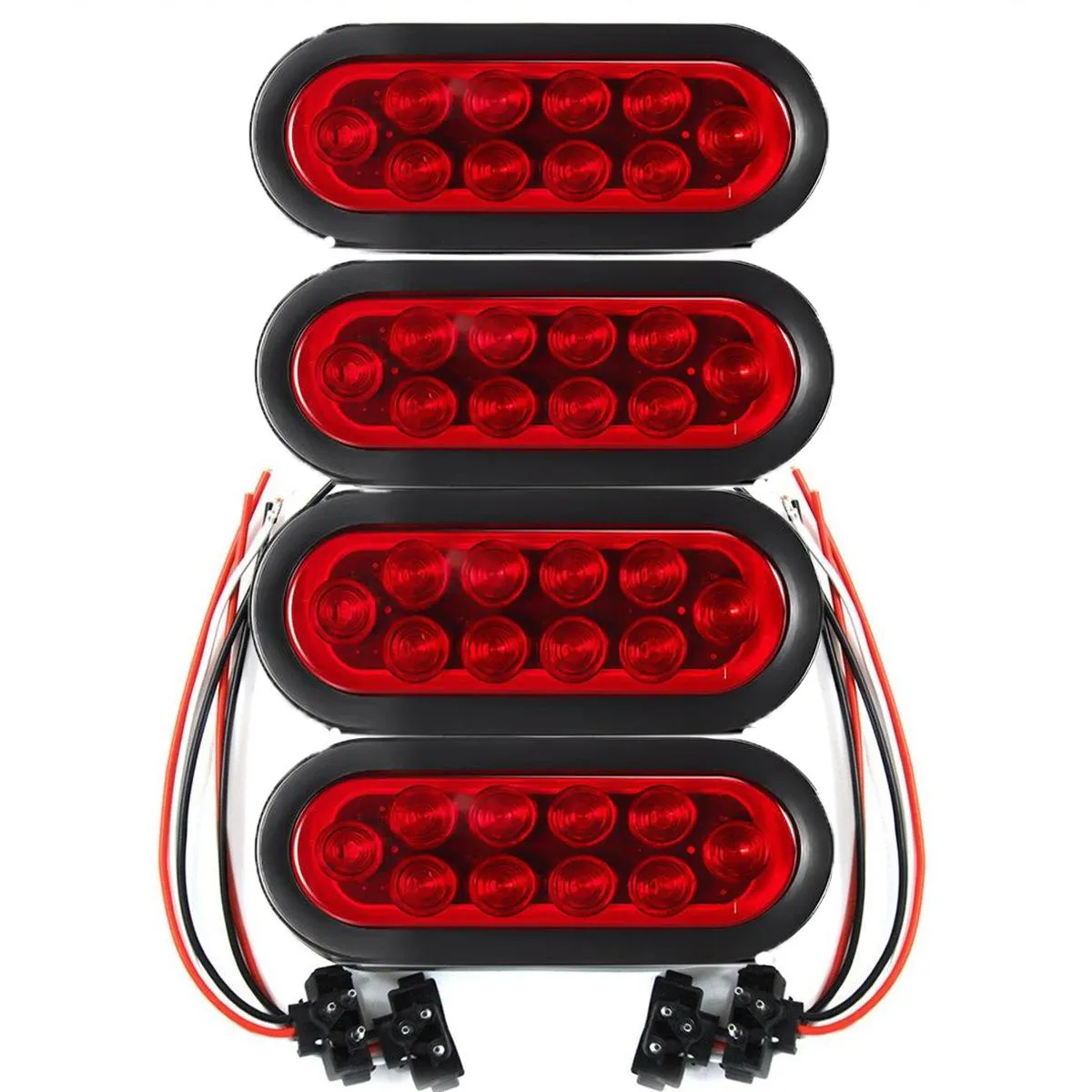 Partsam (4) Trailer Truck LED Sealed RED 6inch Oval Stop/Turn/Tail Lights Flush Mount Waterproof Including 3-pin water tight plug with wires and Grommets Sealed