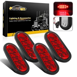 Partsam (4) Trailer Truck LED Sealed RED 6inch Oval Stop/Turn/Tail Lights Flush Mount Waterproof Including 3-pin water tight plug with wires and Grommets Sealed