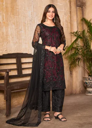 Party Wear Maroon Embroidered Net Pant Style Suit