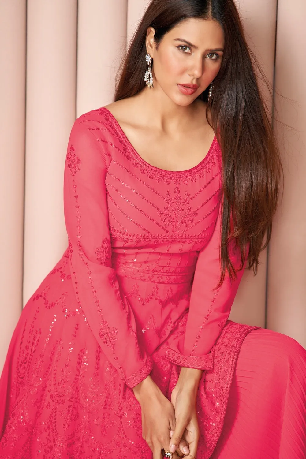 Party Wear Soothing Pink Palazzo Style Salwar Suit