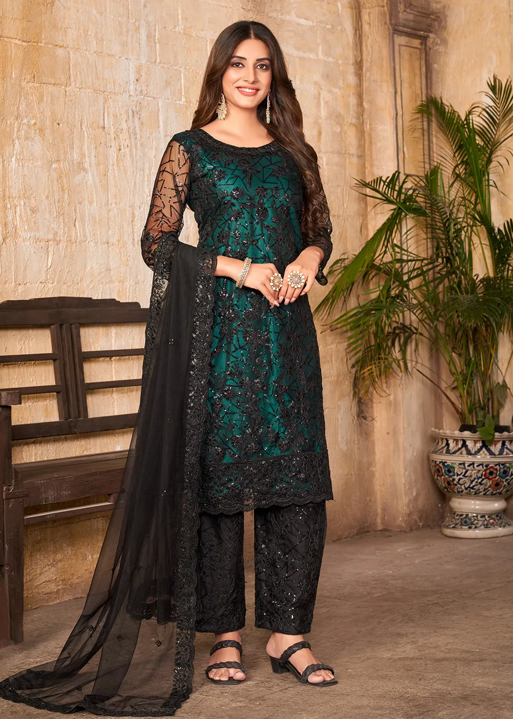 Party Wear Turquoise Embroidered Net Pant Style Suit