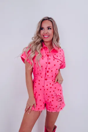 Passionate Heart Print Denim Romper