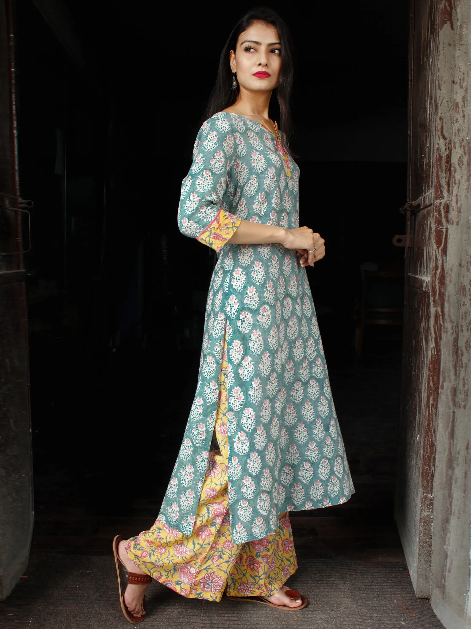 PASTEL BLOOM - Hand Block Printed Cotton Long Dress (Set of 2)  - D333F1845