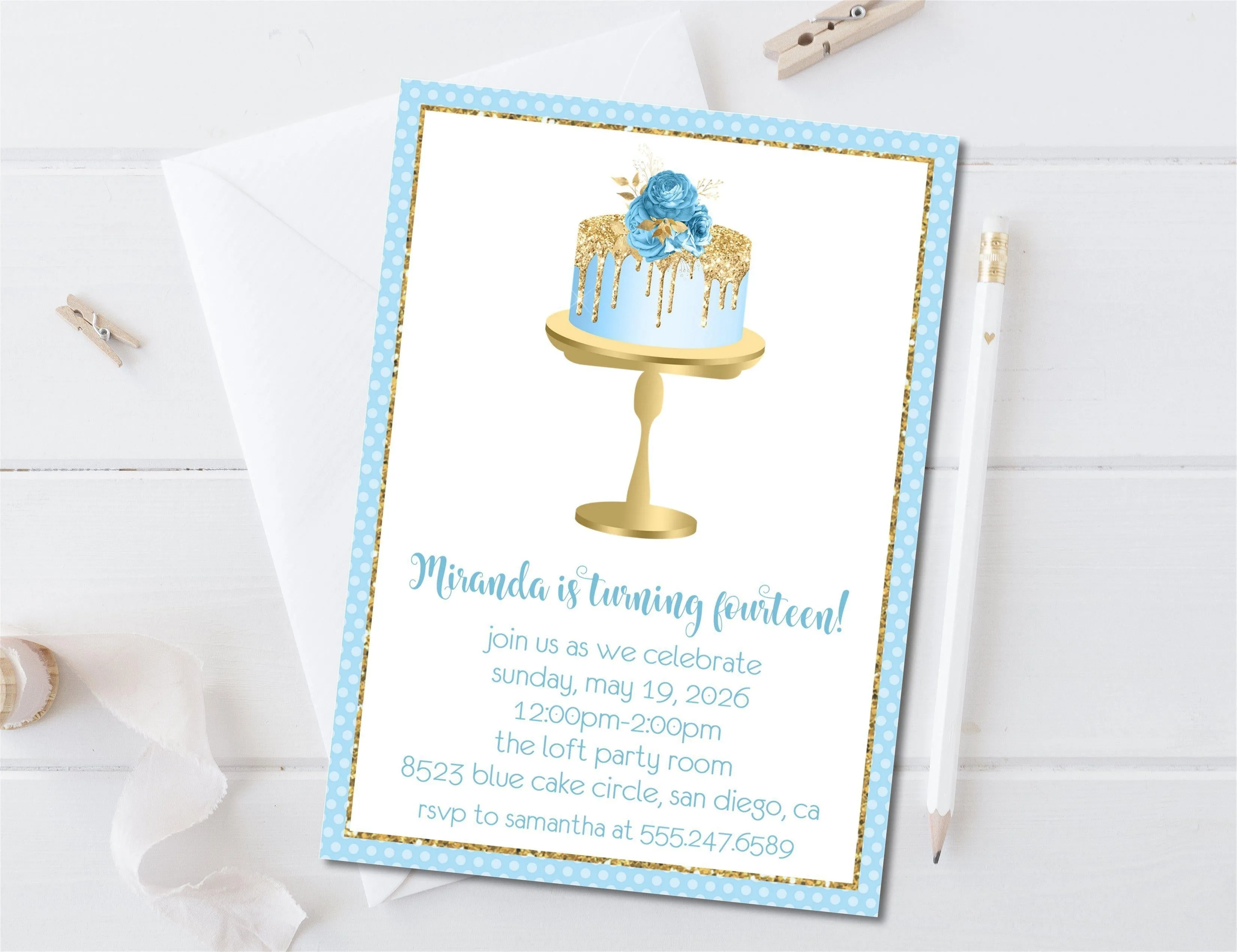 Pastel Blue And Gold Cake Birthday Party Invitations