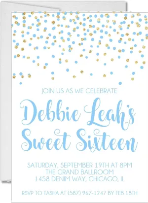 Pastel Blue And Gold Confetti Sweet 16 Party Invitations