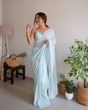 Pastel Blue Georgette Sequins Embroidery Saree