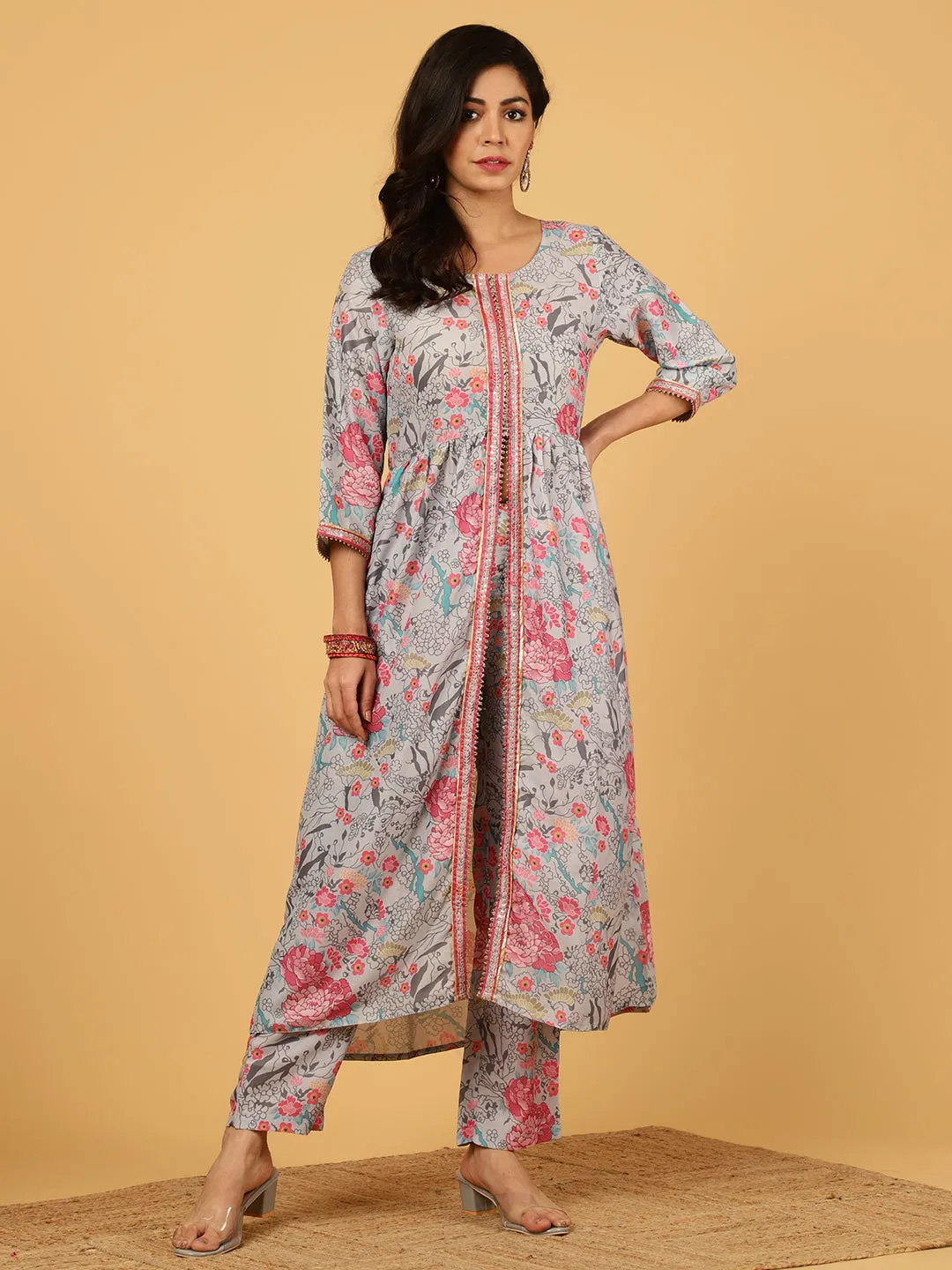 Pastel Green Floral Printed Gathered Kurta With Pants