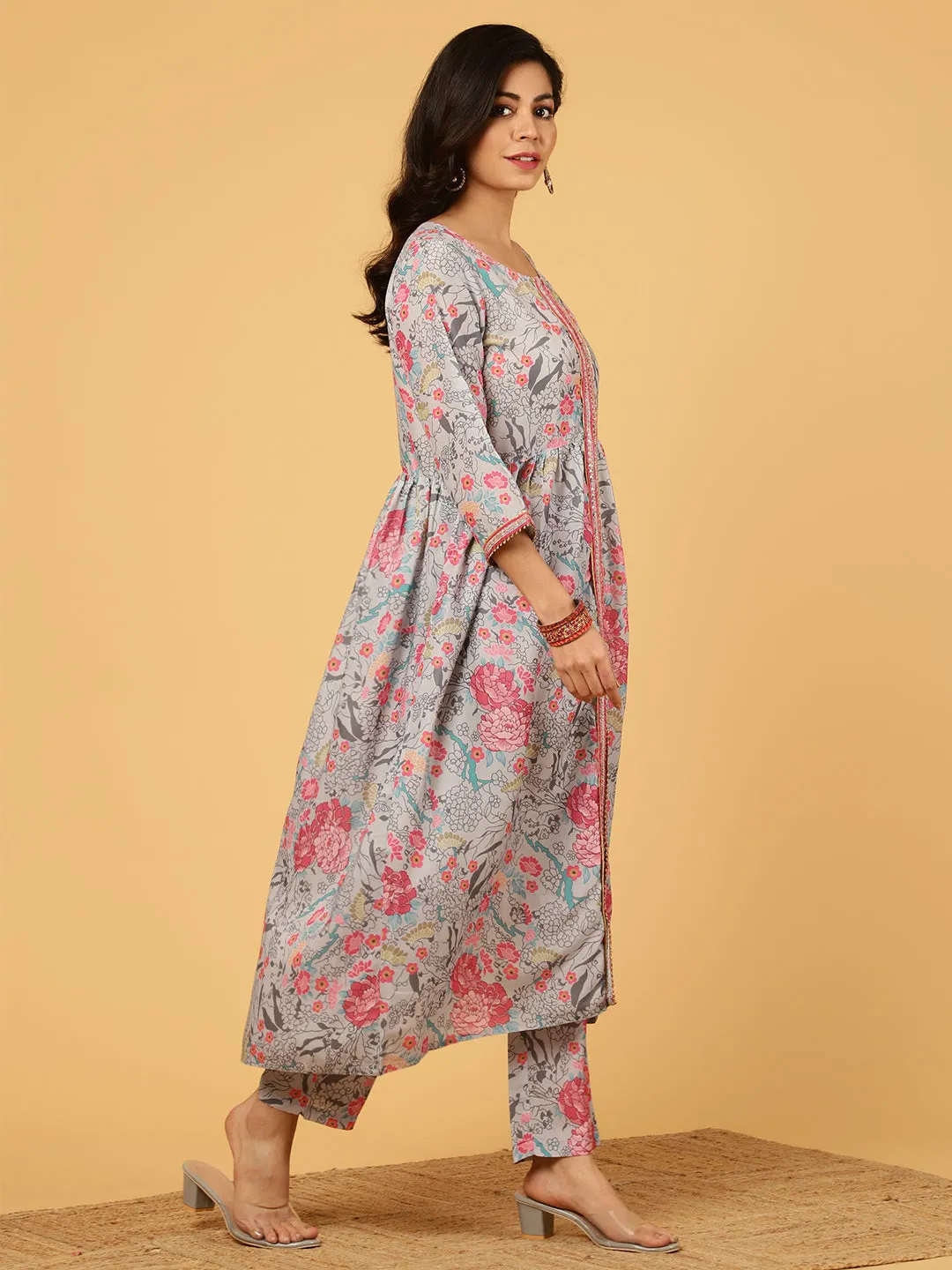 Pastel Green Floral Printed Gathered Kurta With Pants