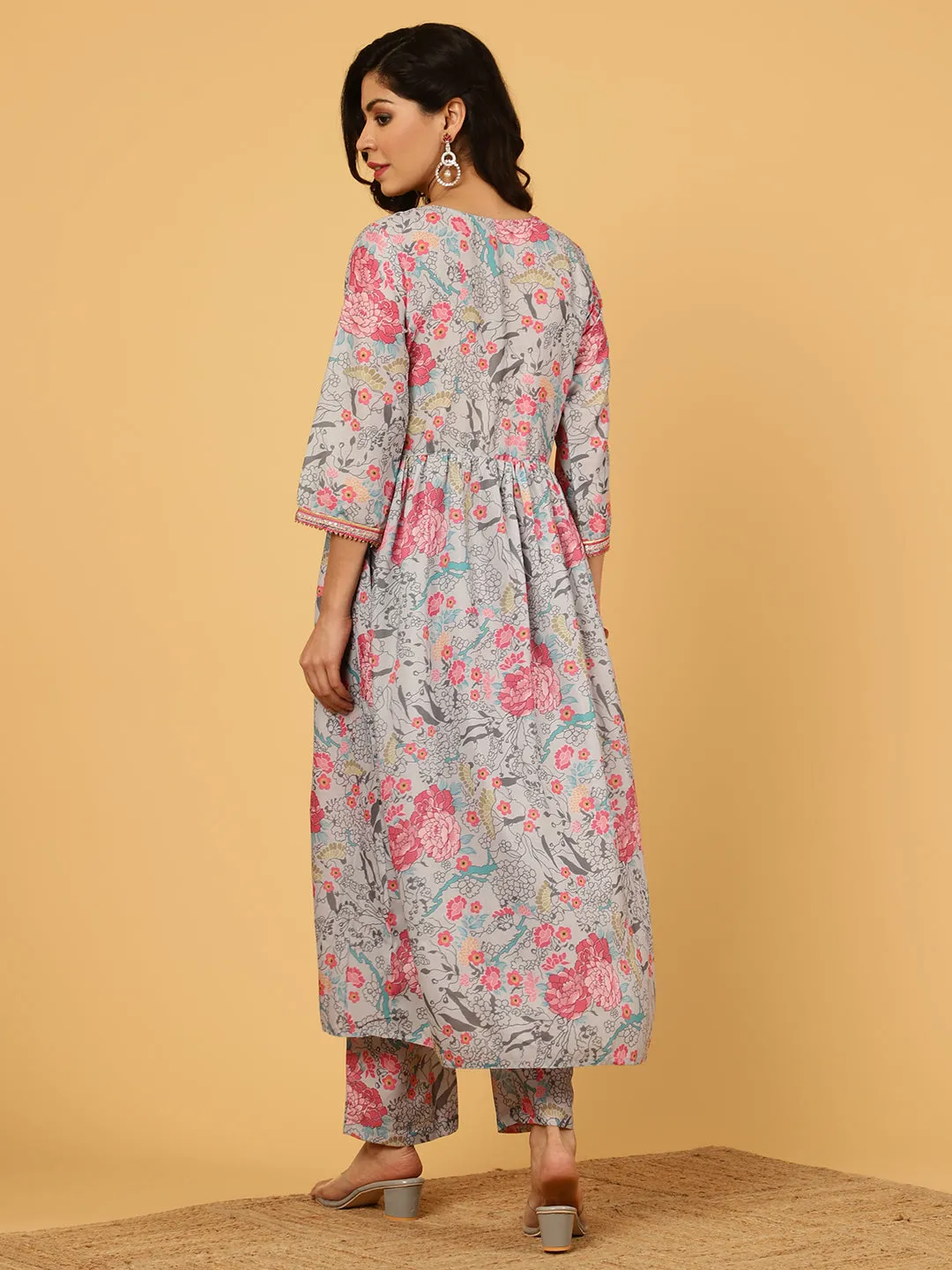 Pastel Green Floral Printed Gathered Kurta With Pants