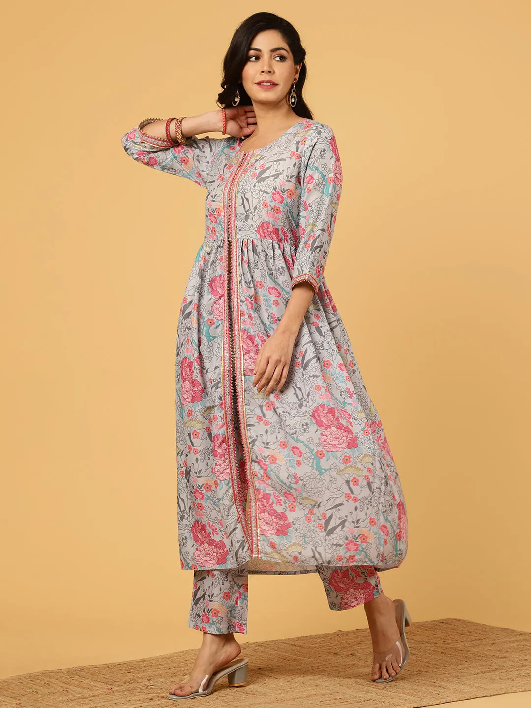 Pastel Green Floral Printed Gathered Kurta With Pants