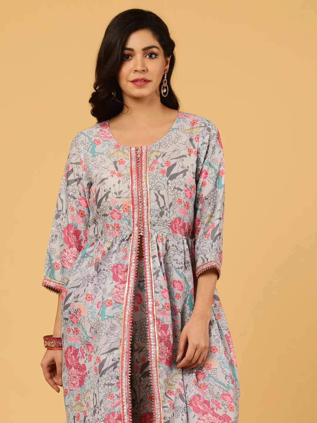 Pastel Green Floral Printed Gathered Kurta With Pants