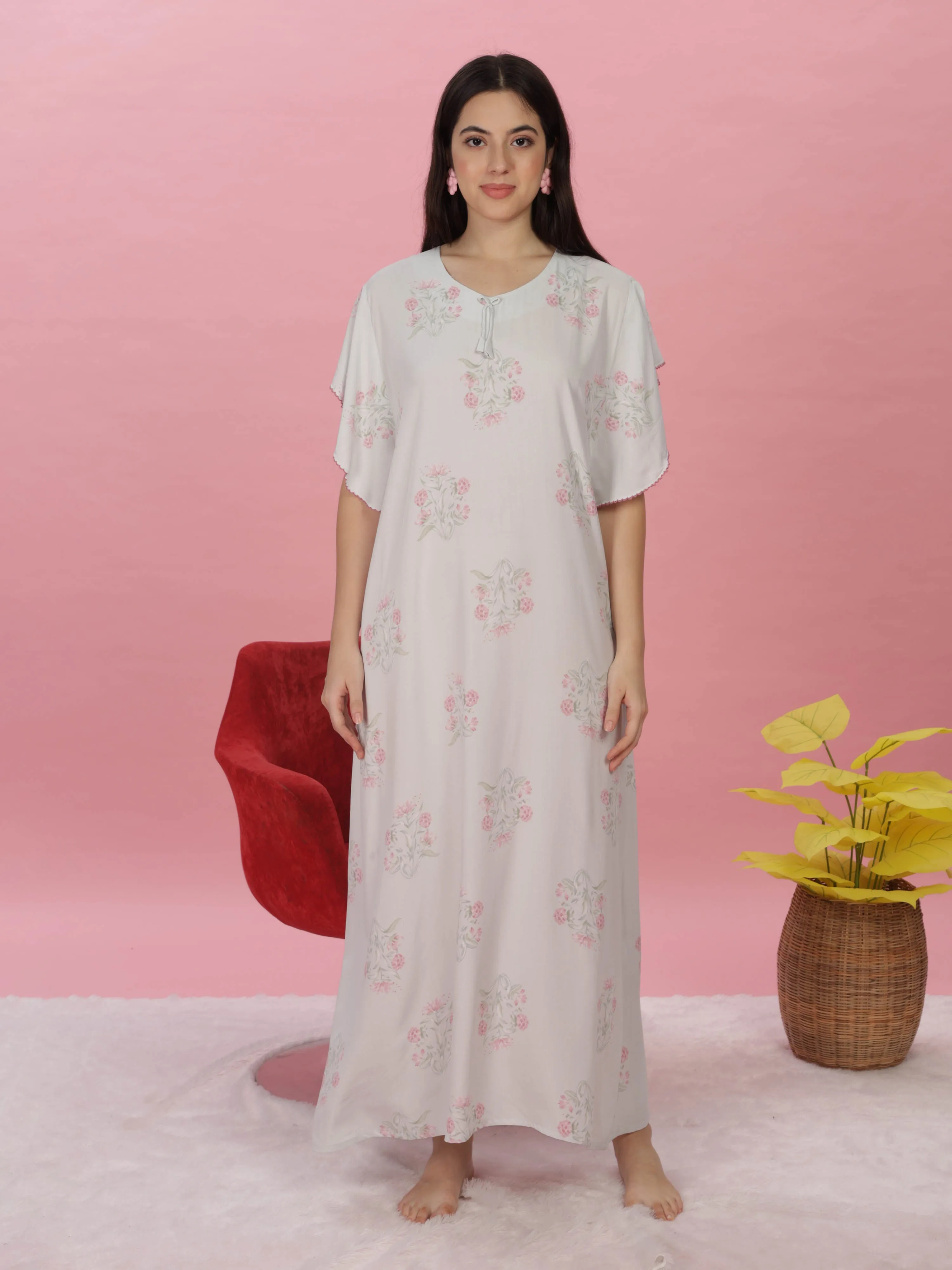 Pastel Green Rayon Floral Print Maxi Nighty | Soft Kaftan Sleeves Gown