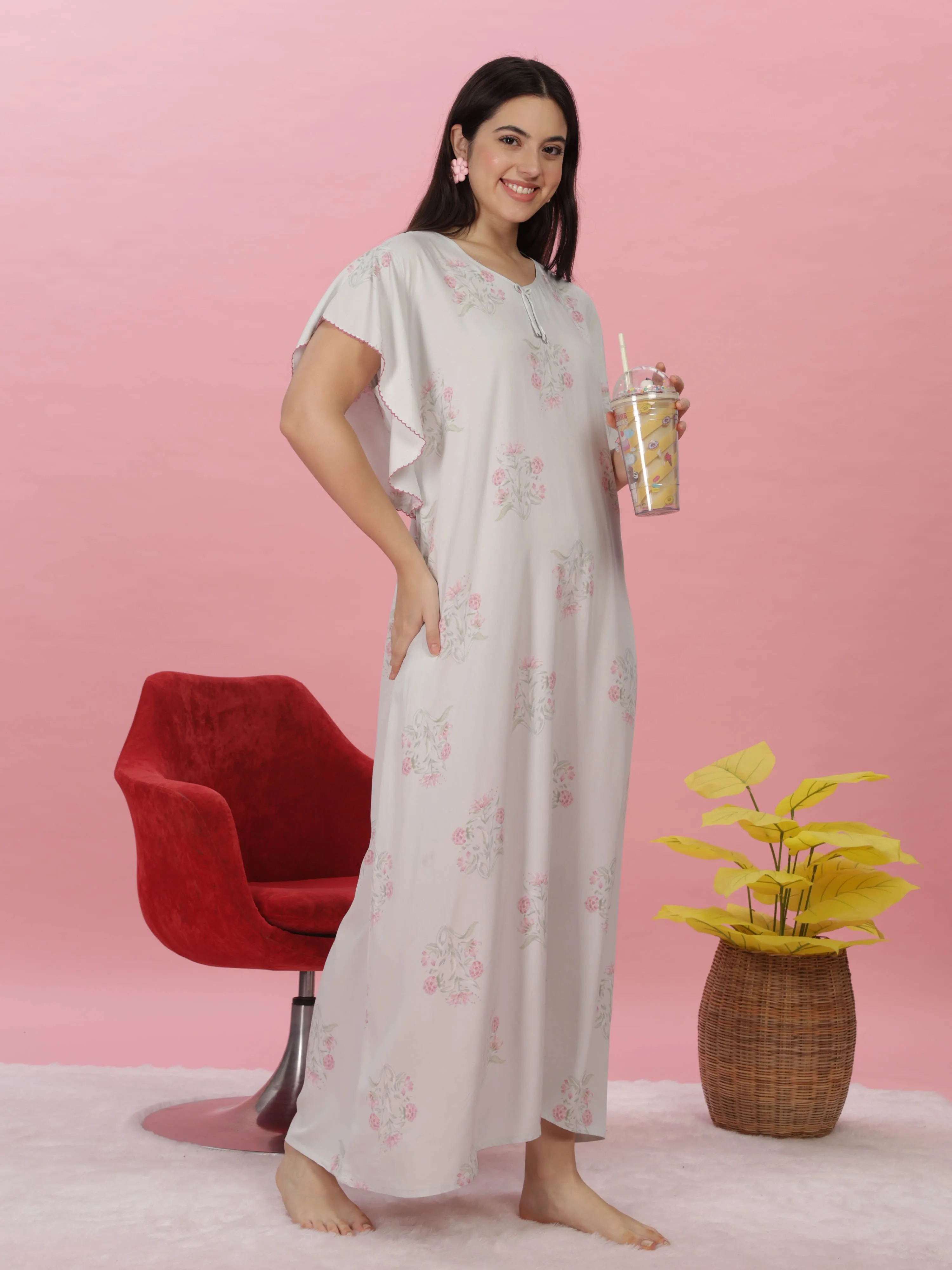 Pastel Green Rayon Floral Print Maxi Nighty | Soft Kaftan Sleeves Gown