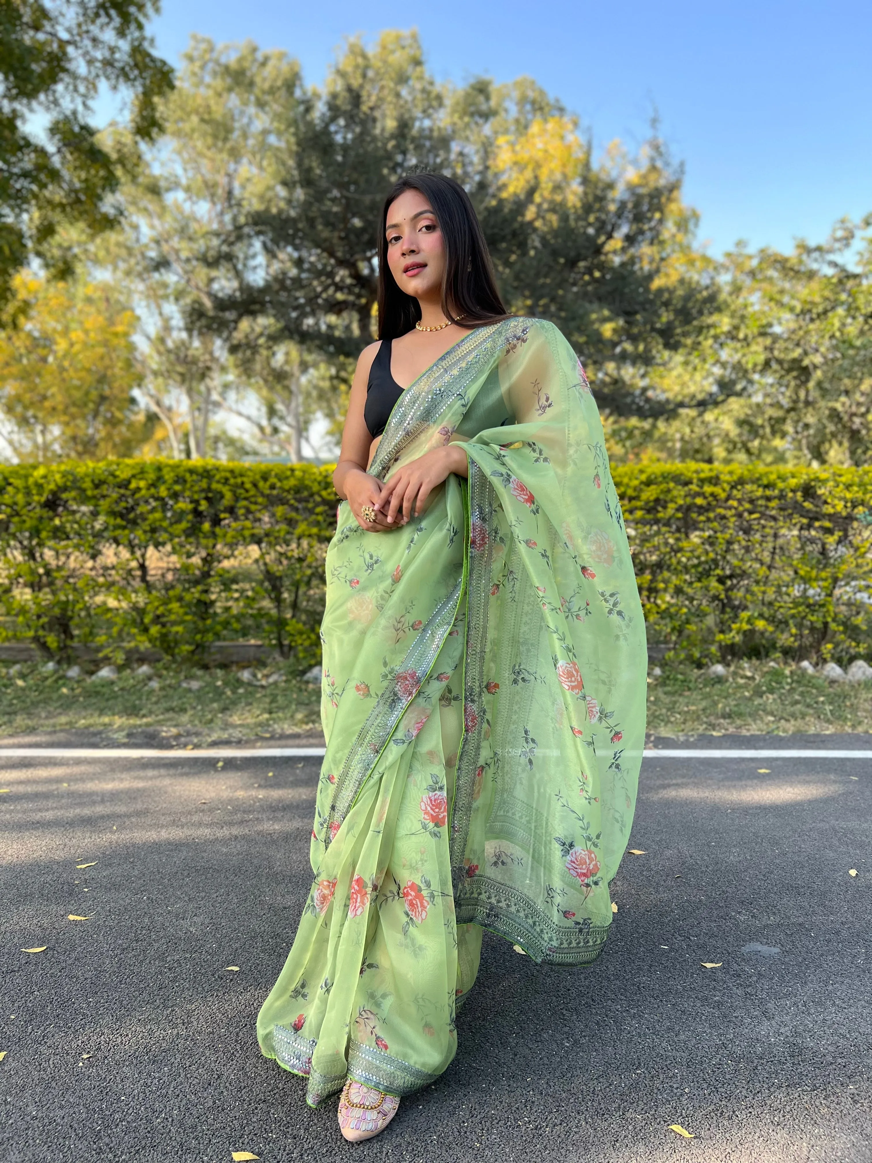 Pastel Green Saree in Pure Soft Organza Floral Printed Grey Sequins Coding Work